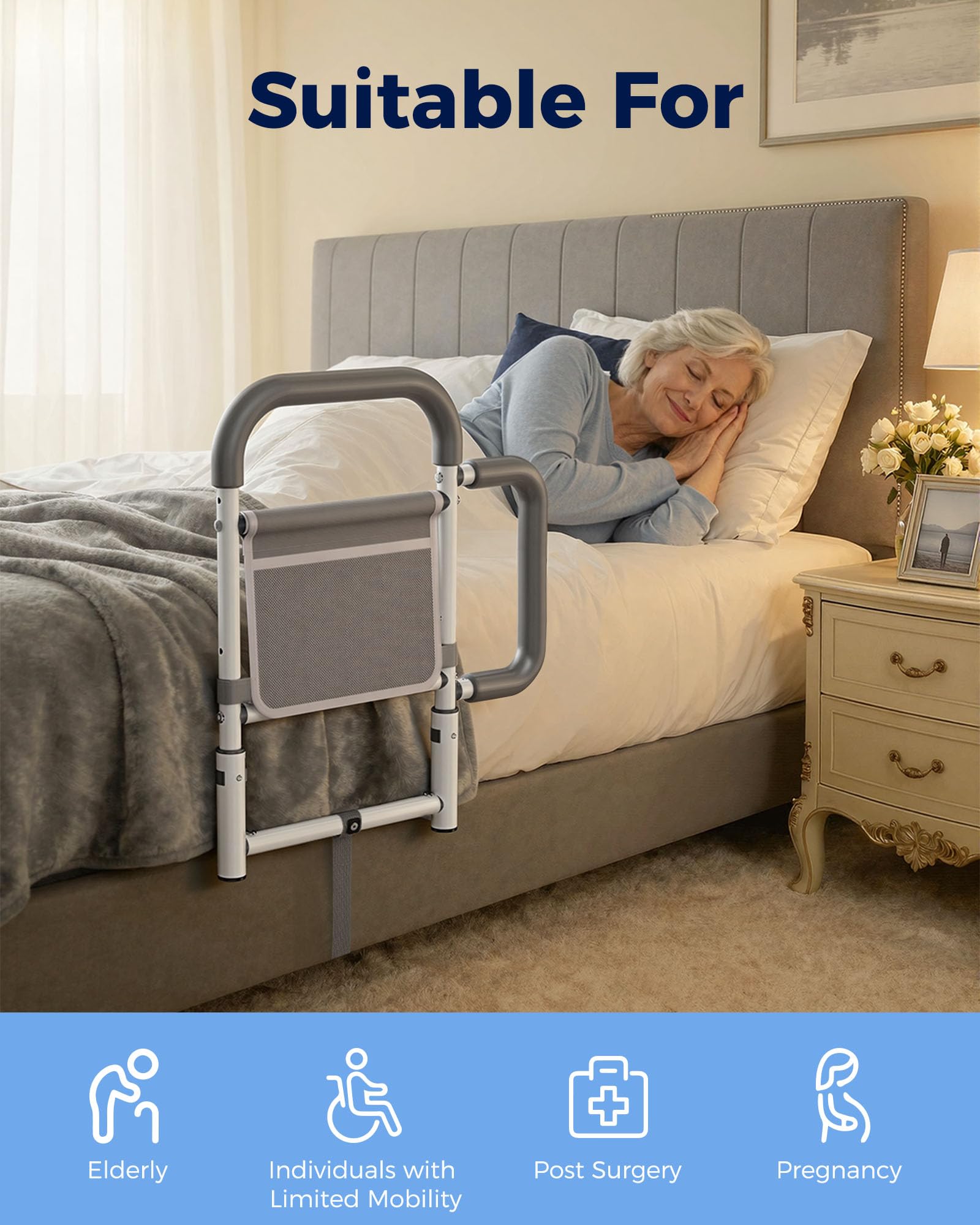 ONTHEWEI comparación de tamaño que muestra ajuste a la cama