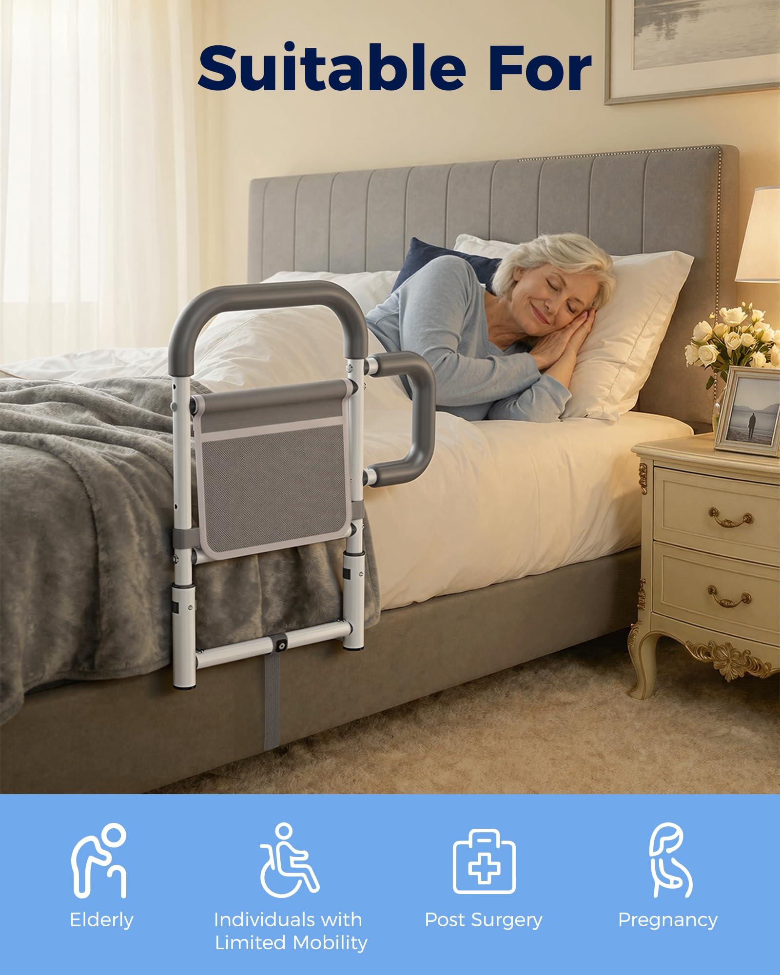 ONTHEWEI barandilla instalada en cama real facilitando levantarse con seguridad