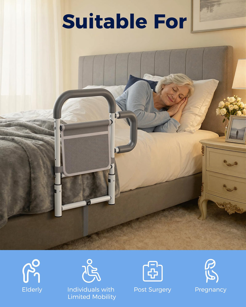 ONTHEWEI barandilla instalada en cama real facilitando levantarse con seguridad