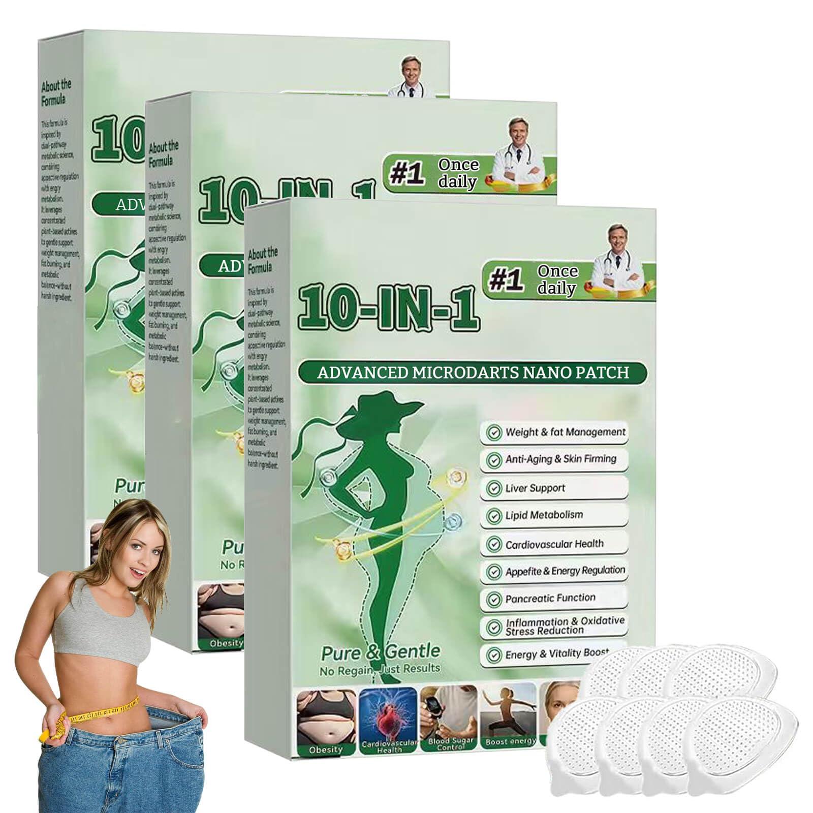 OOLUNESSAOO caja frontal del parche 10-en-1 mostrando el envase y beneficios visibles