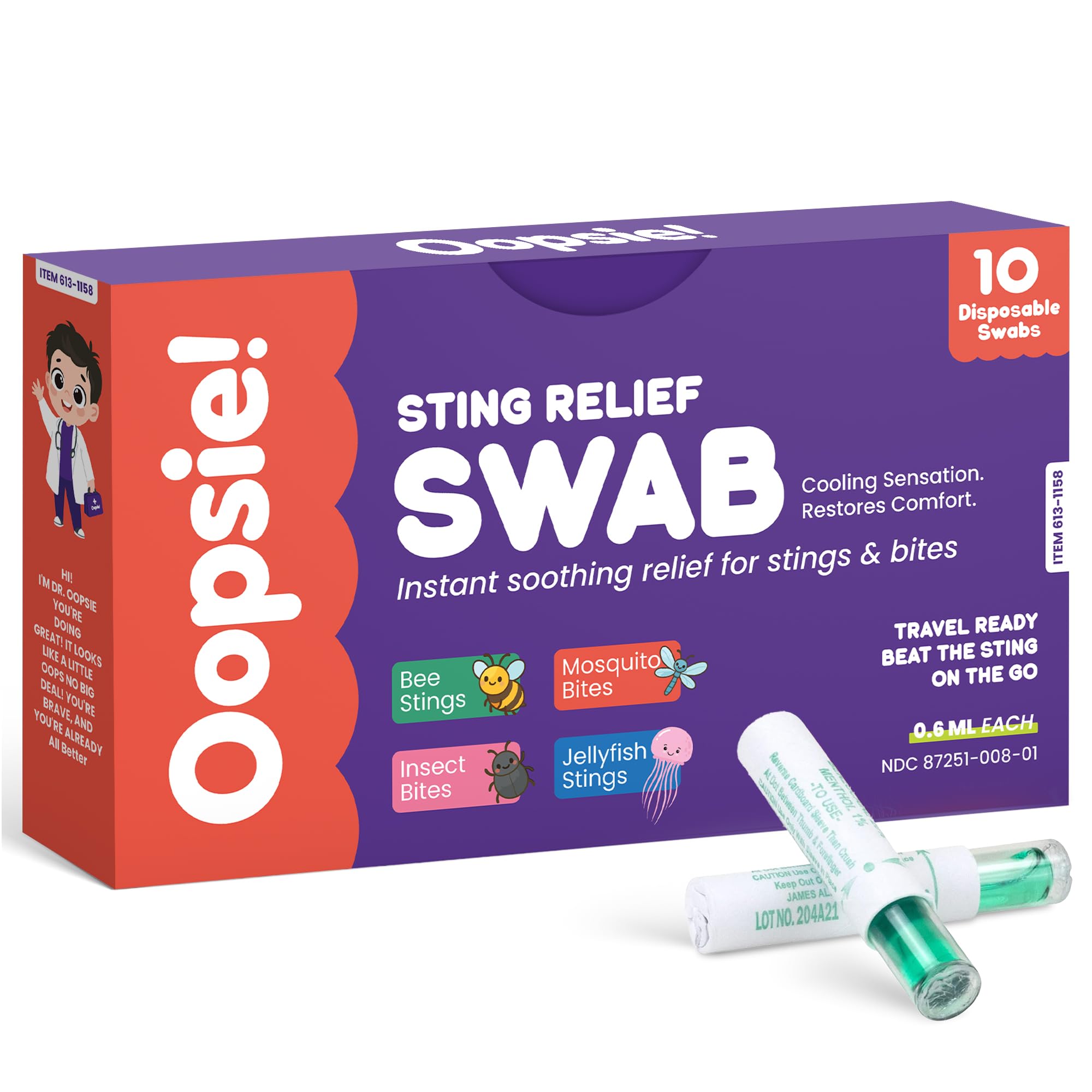 oopsie envase frontal mostrando 10 hisopos, práctico y portátil
