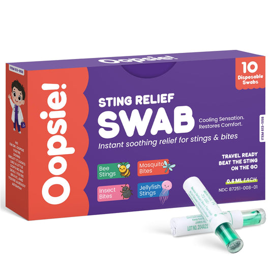 oopsie envase frontal mostrando 10 hisopos, práctico y portátil