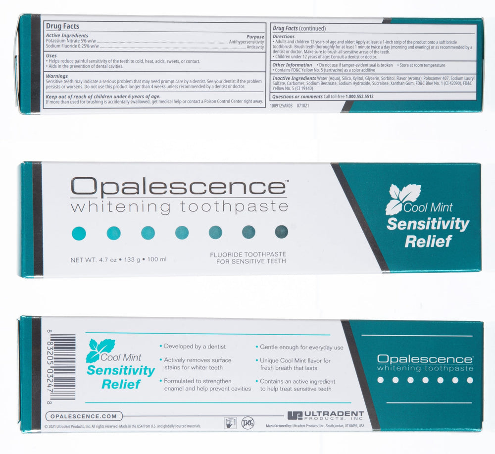 Opalescence caja y tubo dispuestos, presentando empaque y contenido