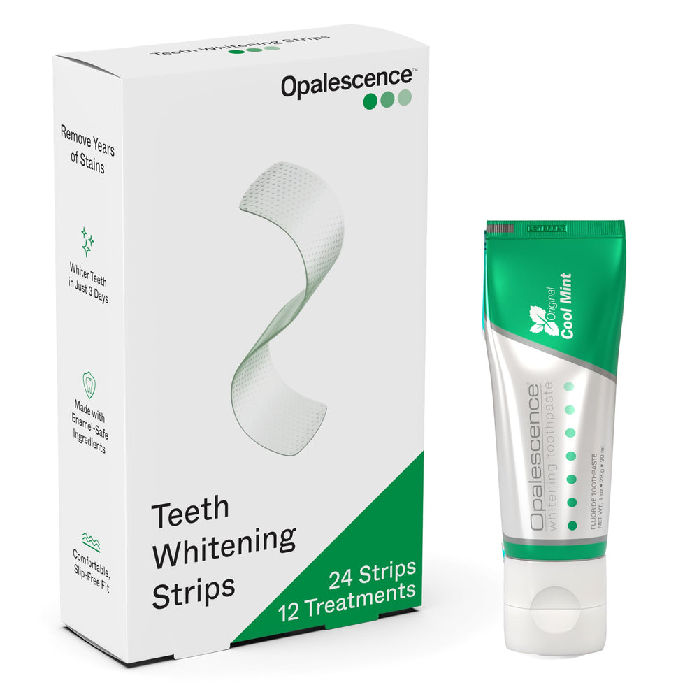 Opalescence empaque frontal mostrando contenido y beneficio de blanqueado rápido