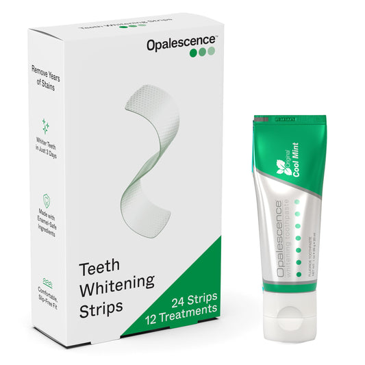 Opalescence empaque frontal mostrando contenido y beneficio de blanqueado rápido