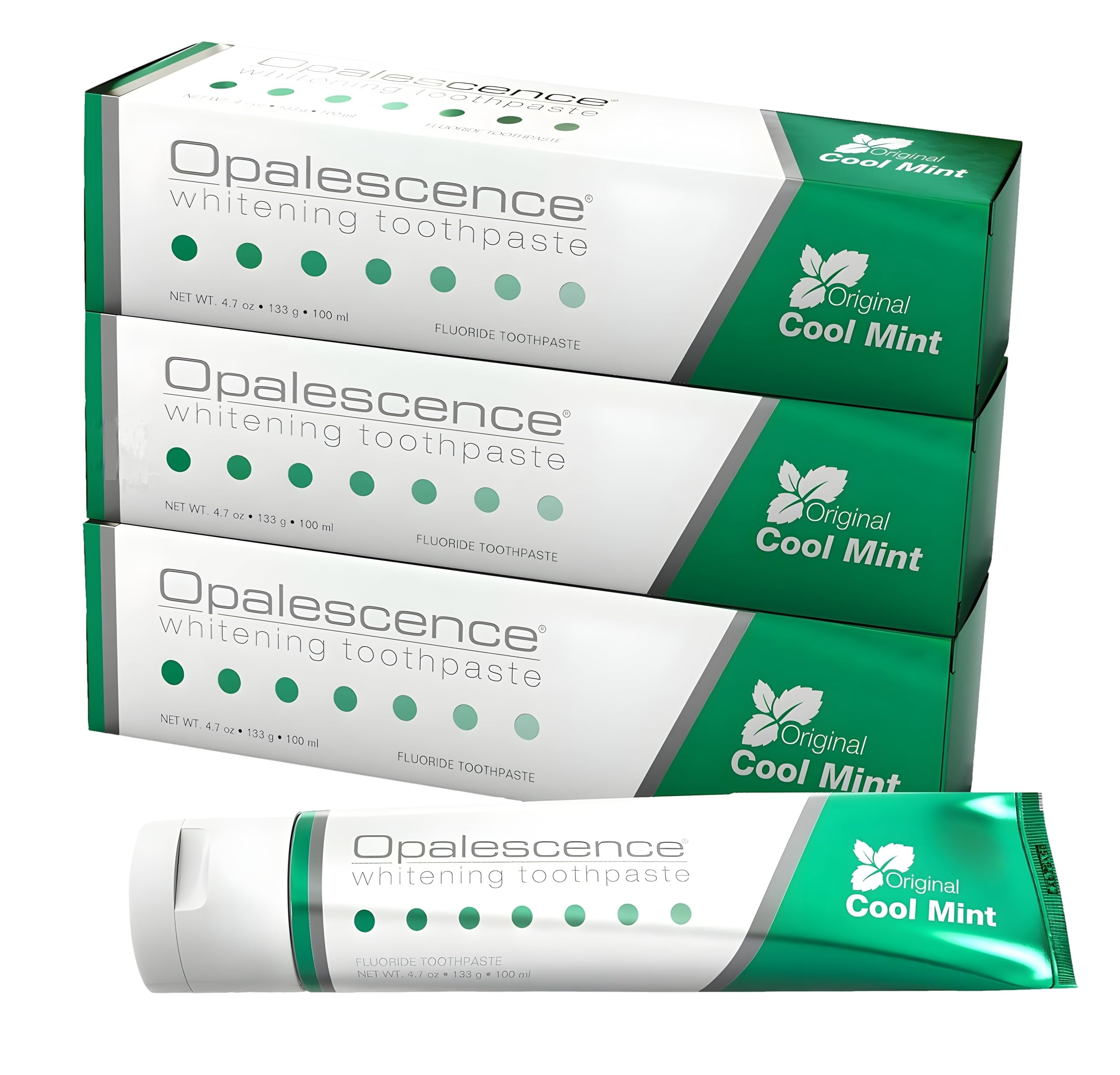 Opalescence pack de 3 frente del empaque mostrando los tubos y beneficio de duración