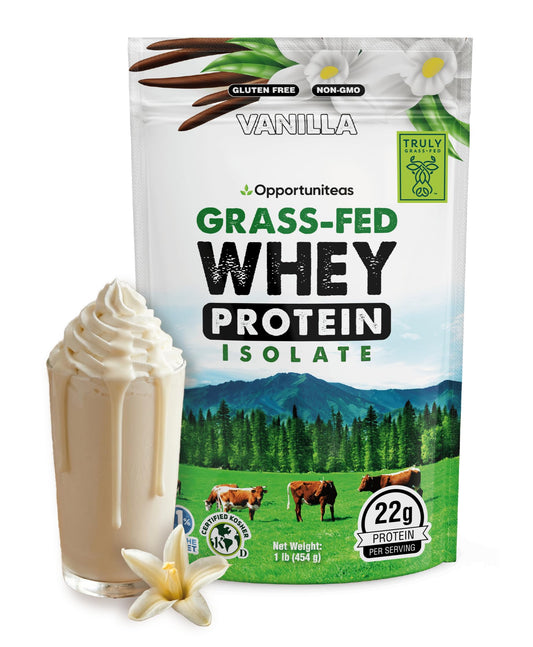 Envase frontal Opportuniteas 1 lb con sello grass-fed y garantías