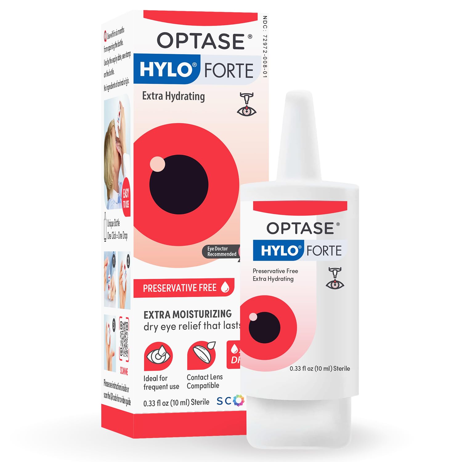 Optase HYLO Forte vista frontal del envase con dosificador, presenta aplicación precisa