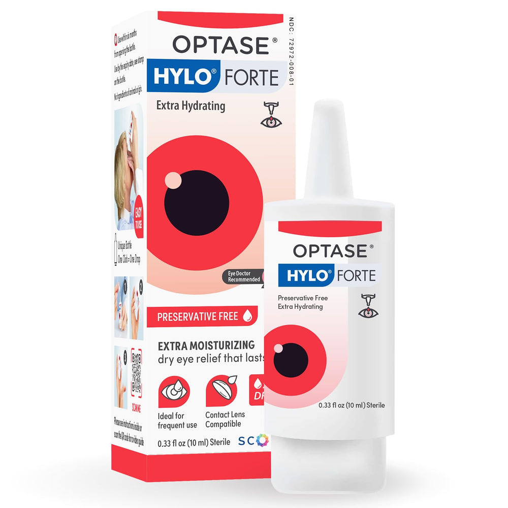 Optase HYLO Forte vista frontal del envase con dosificador, presenta aplicación precisa