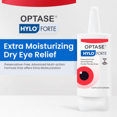 Optase HYLO Forte gota en primer plano mostrando textura hidratante y beneficios humectantes