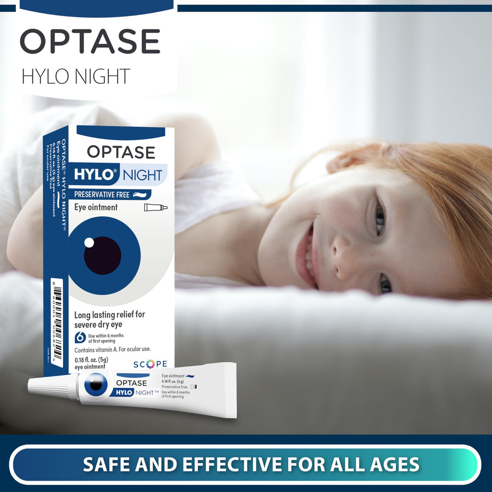 Optase HYLO Night en mesita de noche sugiere protección nocturna efectiva