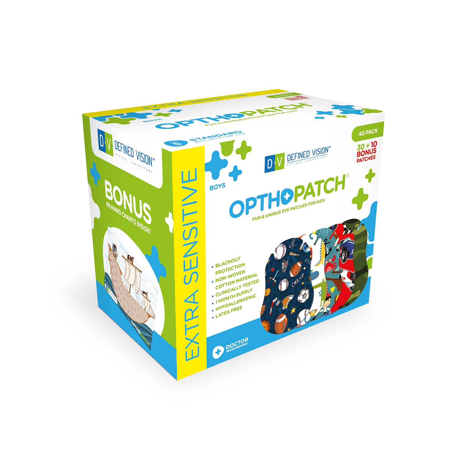 OPTHOPATCH empaque frontal mostrando 40 parches y diseño atractivo