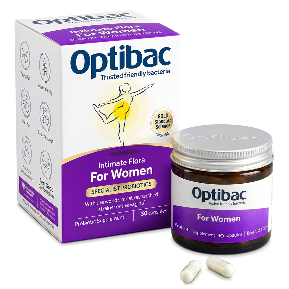 Optibac Probiotics vista frontal del envase que destaca ingredientes y beneficios
