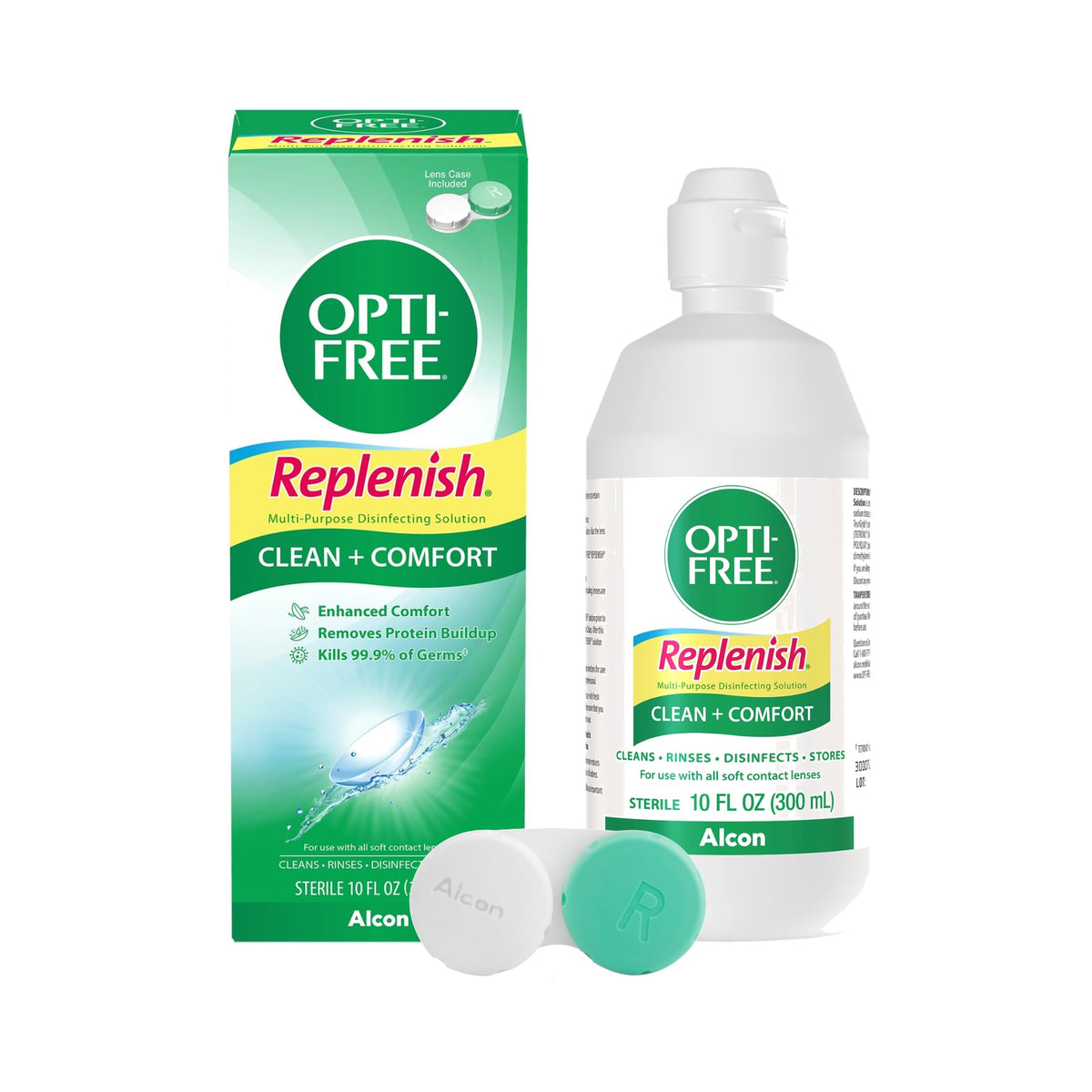 Opti-Free frente del envase mostrando etiqueta y volumen, aporta limpieza eficaz