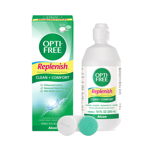 Opti-Free frente del envase mostrando etiqueta y volumen, aporta limpieza eficaz