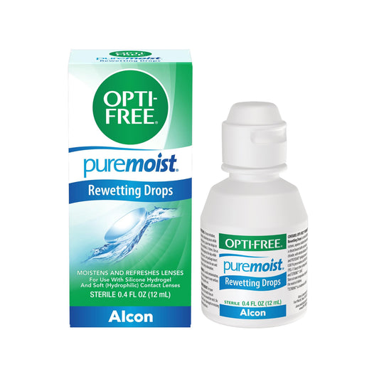 Envase frontal OPTI-FREE Puremoist 12 mL mostrando diseño y tamaño portátil