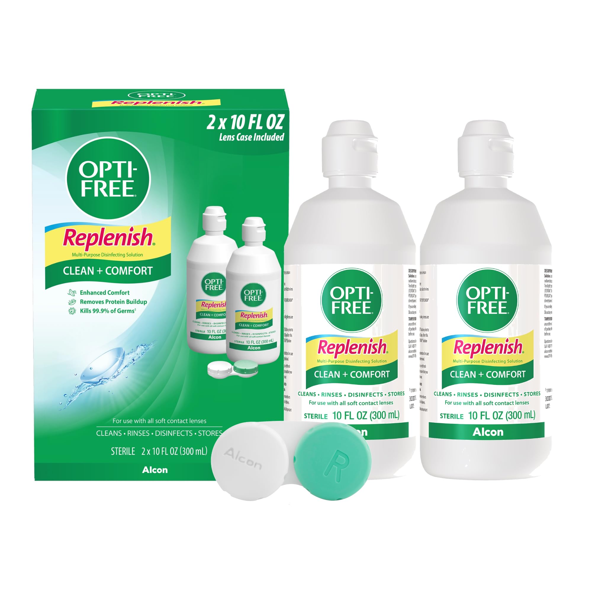 Opti-Free envase frontal mostrando etiqueta y volumen, comodidad prolongada
