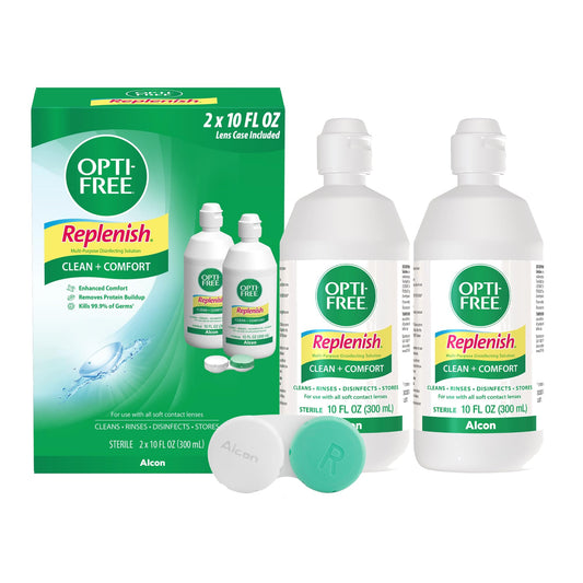 Opti-Free envase frontal mostrando etiqueta y volumen, comodidad prolongada
