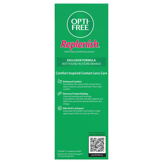 Gota de solución Opti-Free en primer plano, limpieza efectiva visible