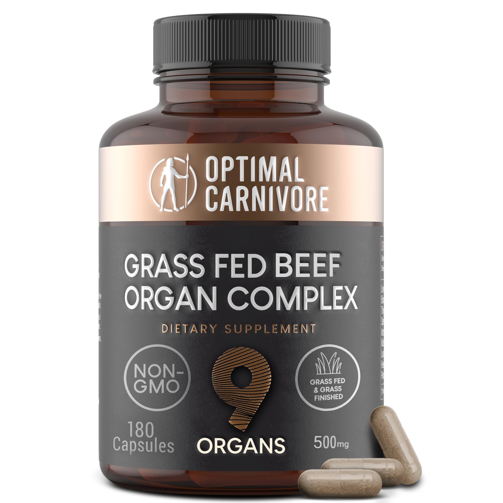 Optimal Carnivore empaque frontal mostrando 9 órganos y beneficios claros