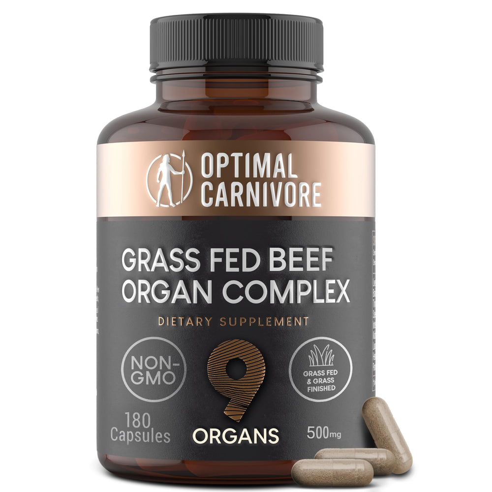 Optimal Carnivore empaque frontal mostrando 9 órganos y beneficios claros