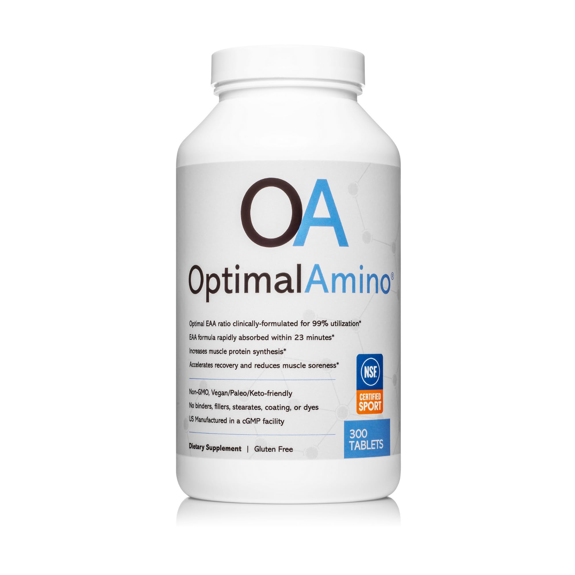 OptimalAmino envase frontal mostrando 300 tabletas y beneficios certificados