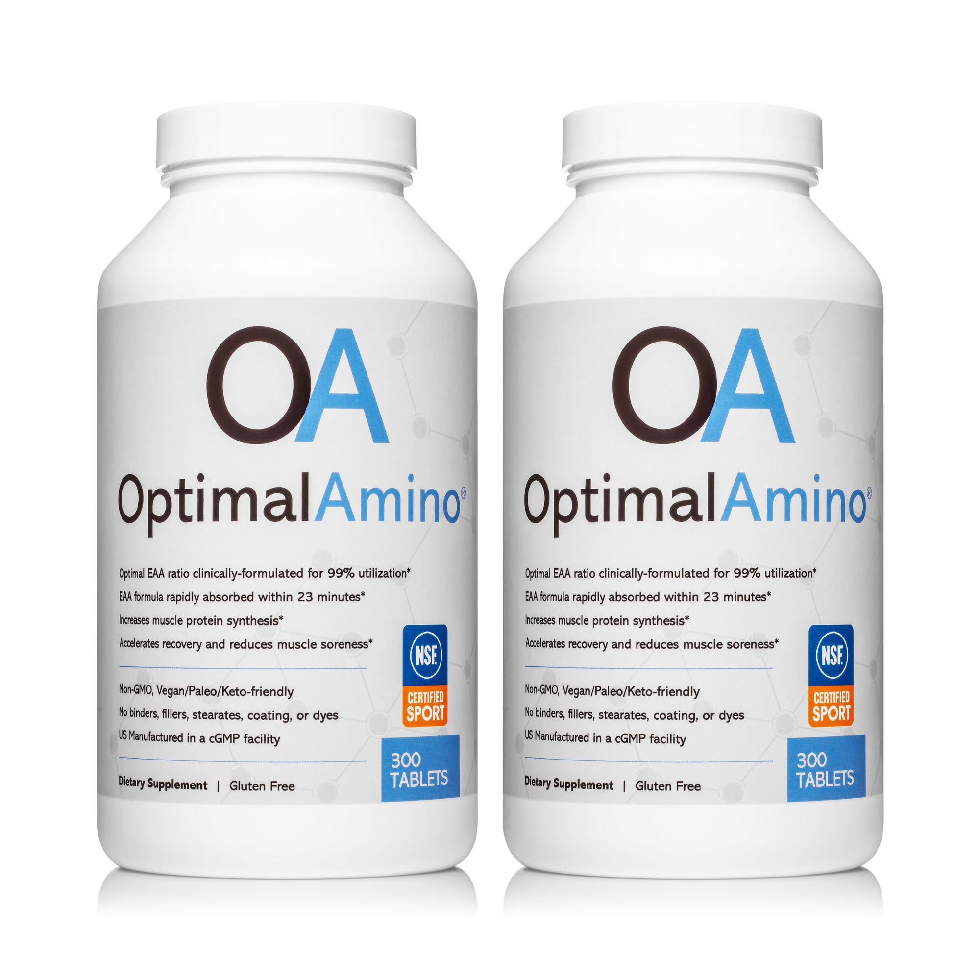 OptimalAmino envase frontal mostrando el sello y beneficio de recuperación rápida