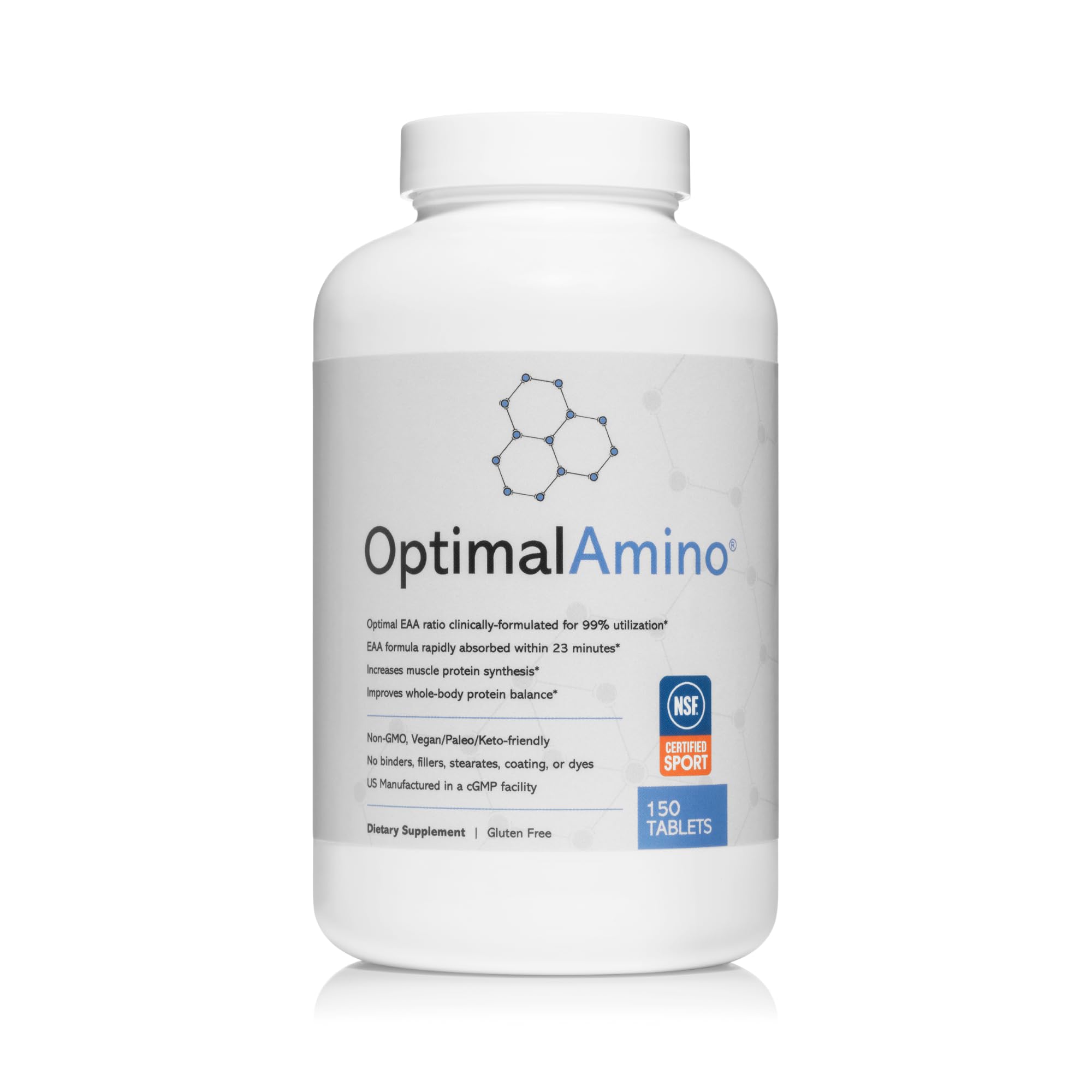 OptimalAmino envase frontal mostrando tabletas y conveniencia
