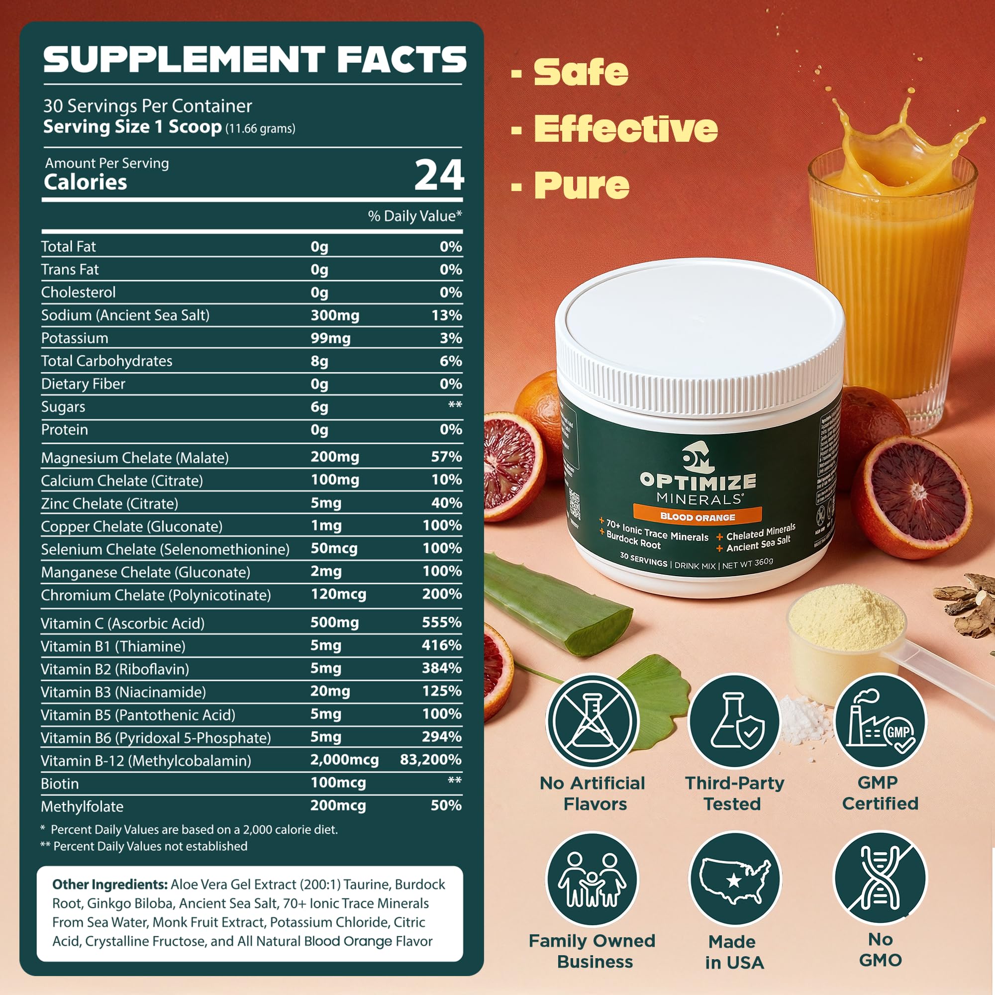 Optimize Minerals detalle de la etiqueta con ingredientes y calidad certificada