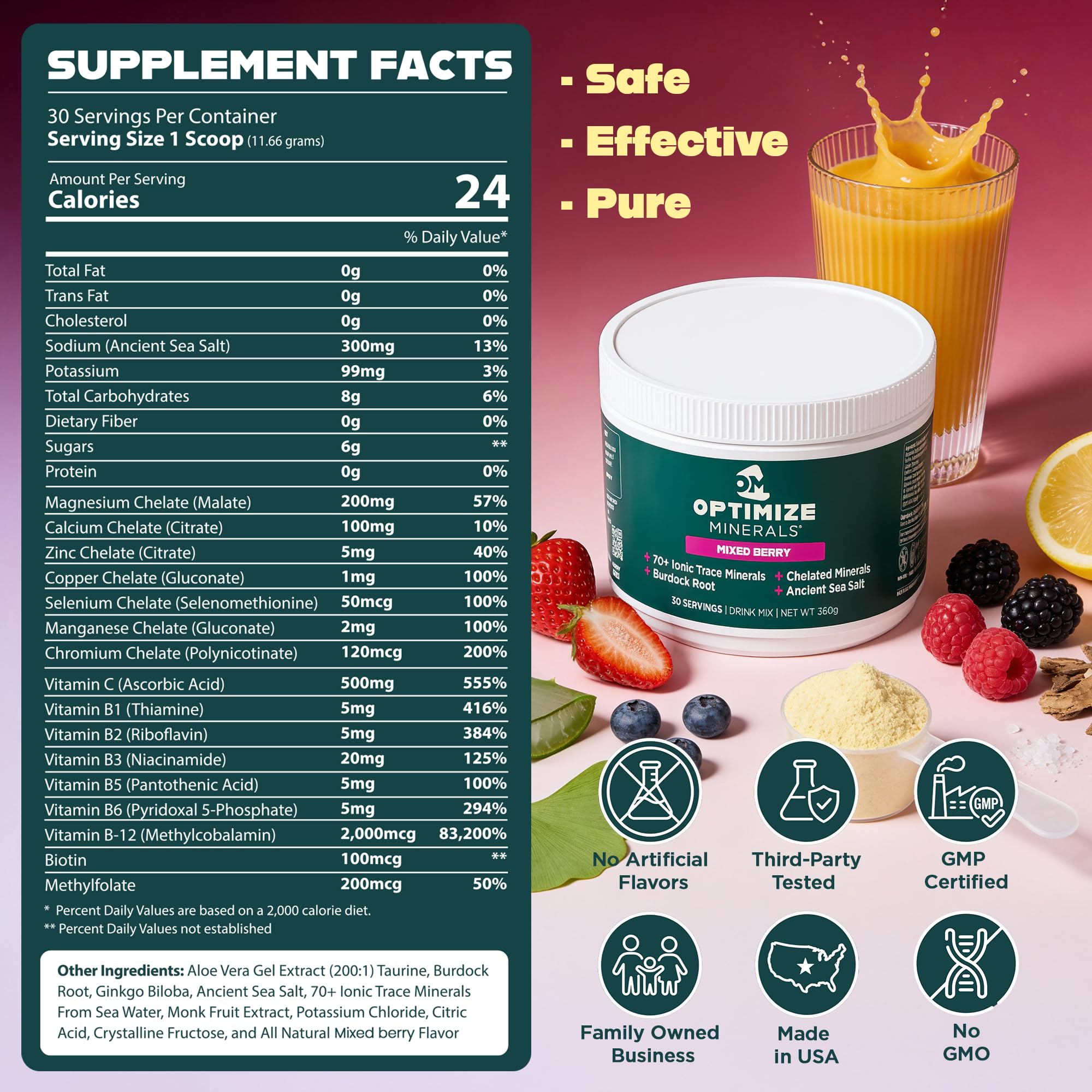 Optimize Minerals ingredientes naturales y frutas reales con sabor auténtico