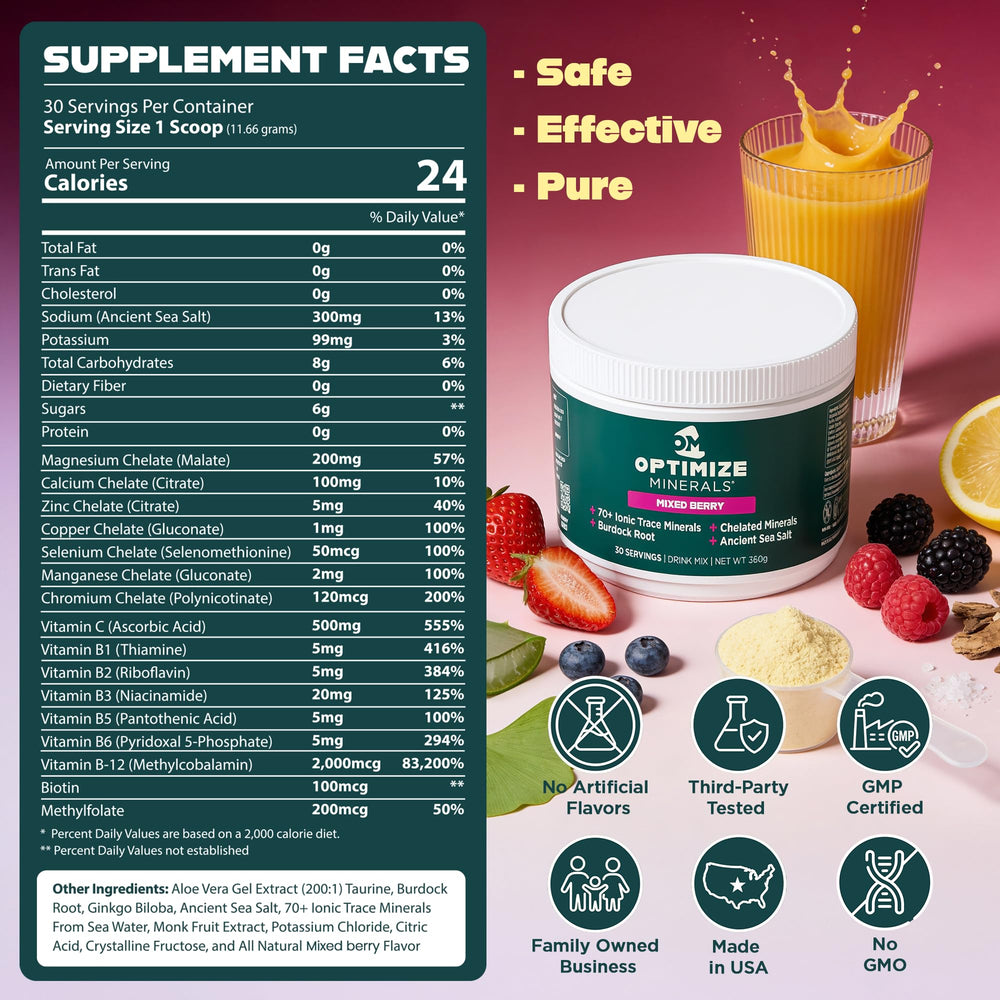 Optimize Minerals ingredientes naturales y frutas reales con sabor auténtico