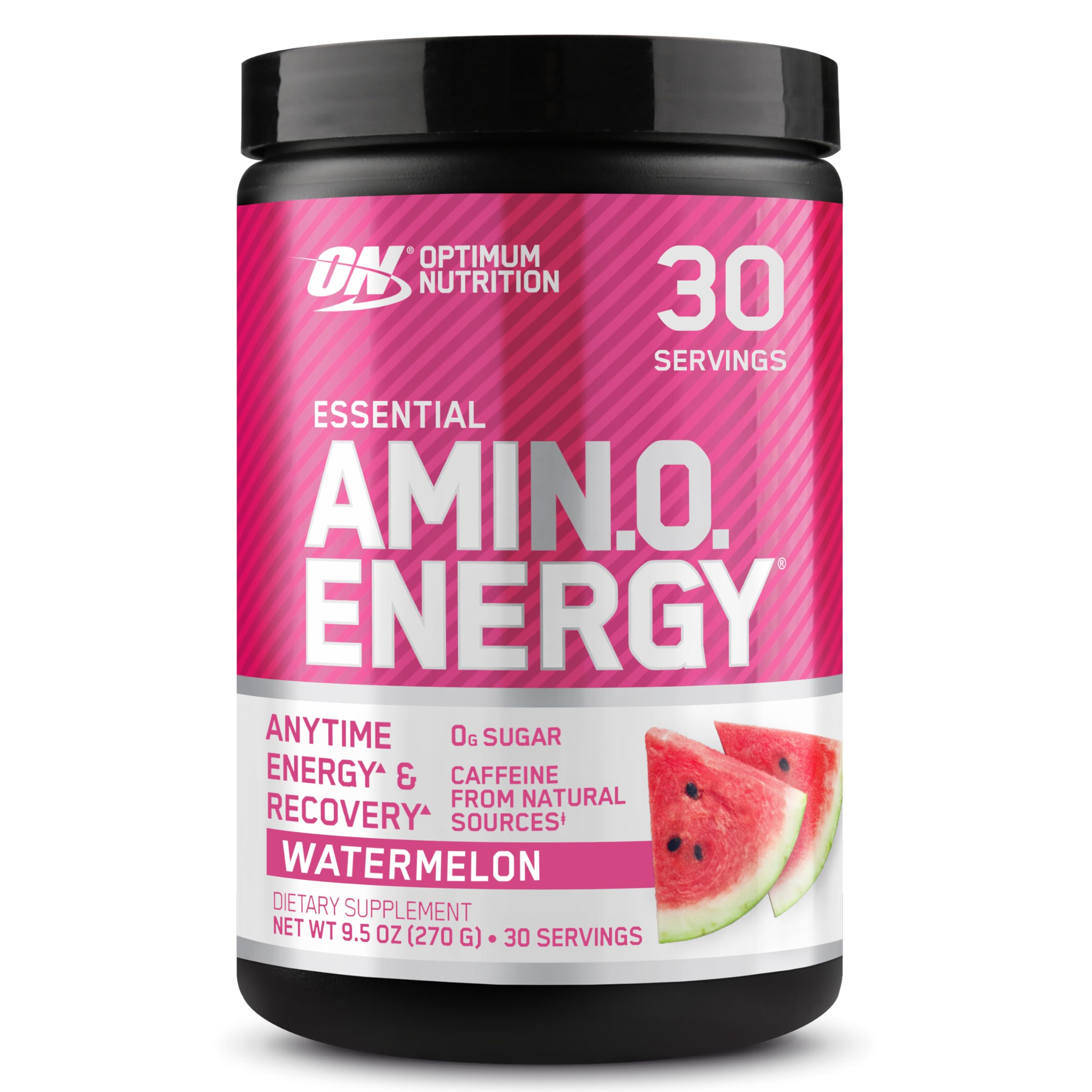 Optimum Nutrition frasco frente mostrando el diseño y beneficio de energía