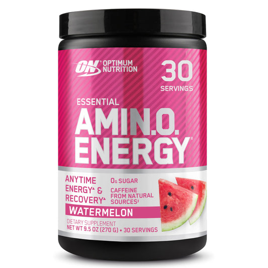 Optimum Nutrition frasco frente mostrando el diseño y beneficio de energía