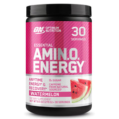 Optimum Nutrition frasco frente mostrando el diseño y beneficio de energía
