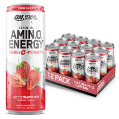 Optimum Nutrition lata frontal mostrando sabor Juicy Strawberry y energía