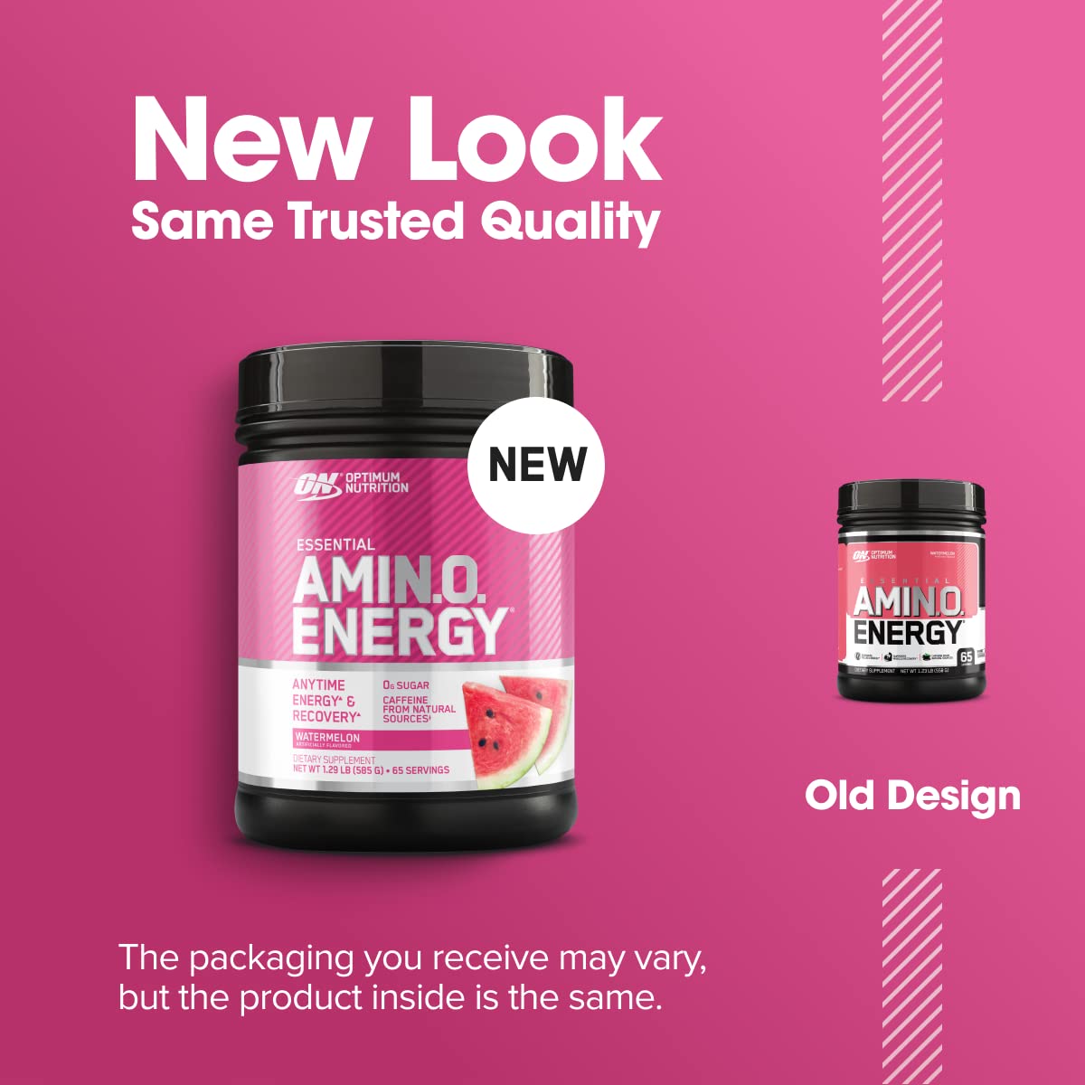 Envase Optimum Nutrition junto a una mano para comparar el tamaño y rendimiento