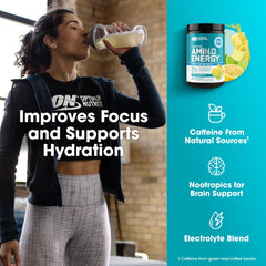 Optimum Nutrition etiqueta nutricional en primer plano con ingredientes y electrolitos