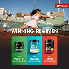 Optimum Nutrition ingredientes clave dispuestos en mesa resaltando aminoácidos y cafeína