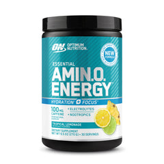 Optimum Nutrition envase frontal Tropical Lemonade mostrando marca y beneficio energético