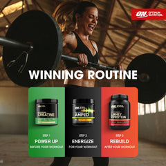 Optimum Nutrition bote abierto con vaso preparado para consumo inmediato