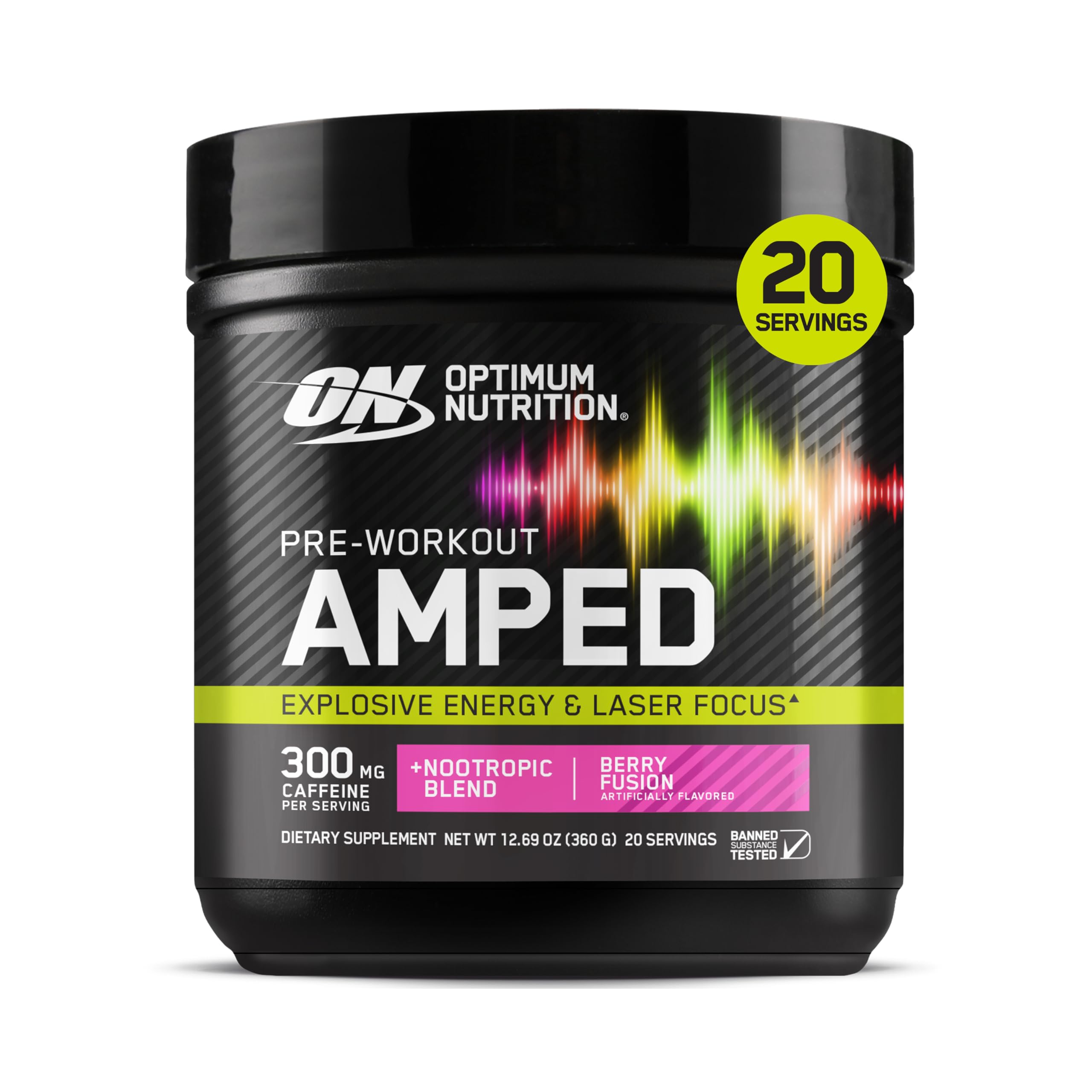Optimum Nutrition Amped frontal mostrando envase y sabor Berry Fusion para impulso energético