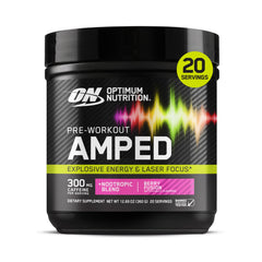Optimum Nutrition Amped frontal mostrando envase y sabor Berry Fusion para impulso energético