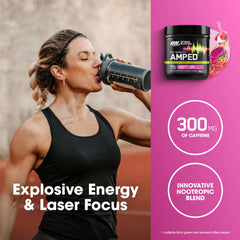 Optimum Nutrition Amped etiqueta con lista de ingredientes clave para enfoque y resistencia