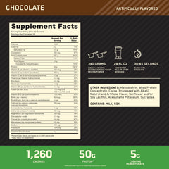 Optimum Nutrition batido de chocolate servido en vaso, opción rápida para ganar calorías