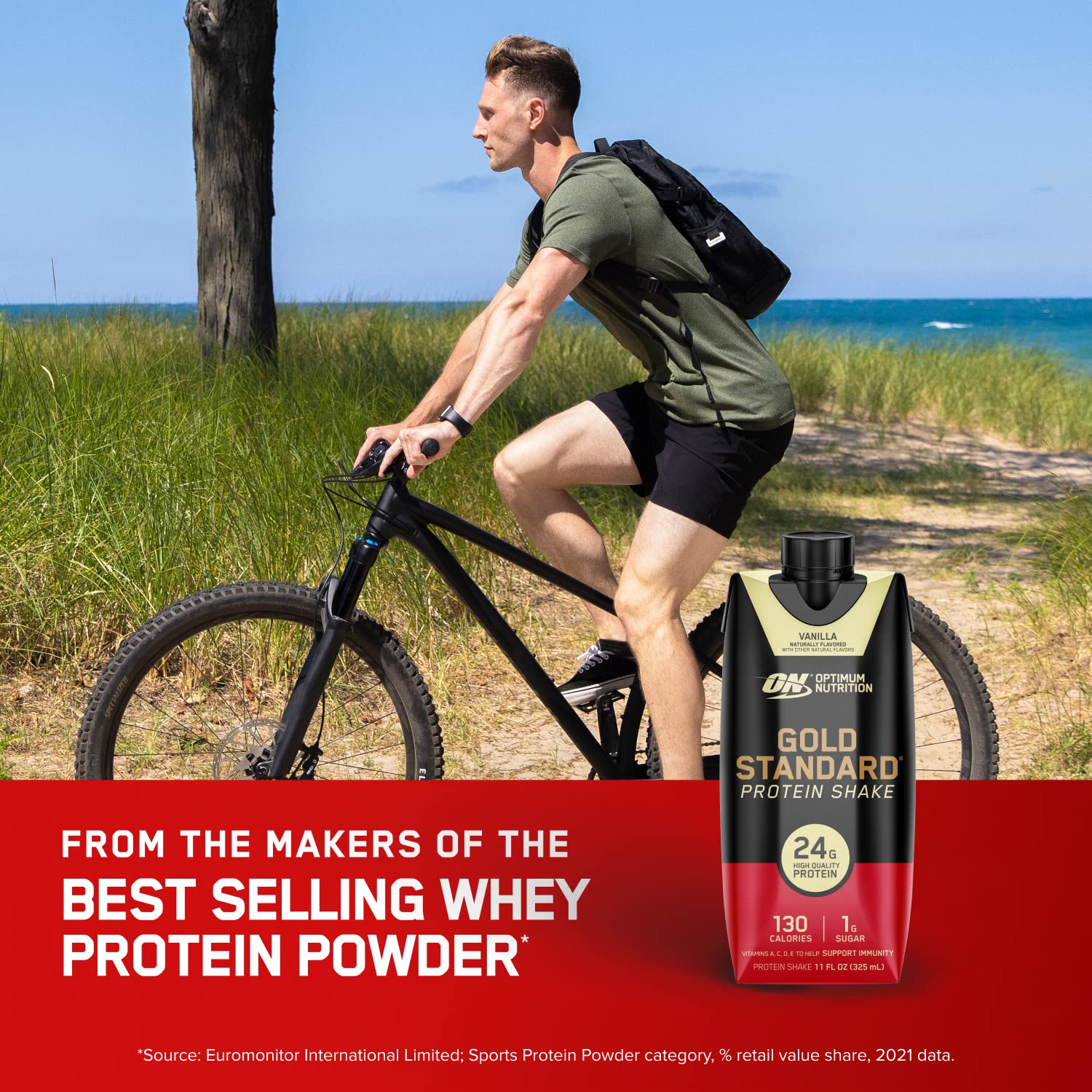Optimum Nutrition batido cerca de pesas en gimnasio para recuperación post-entreno
