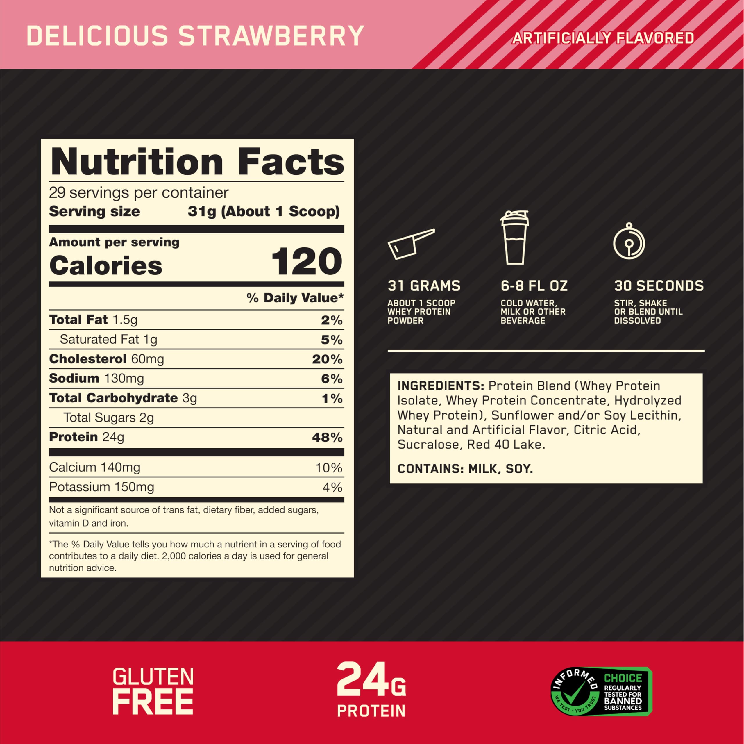 Optimum Nutrition vaso con batido preparado, sabor fresa y recuperación inmediata