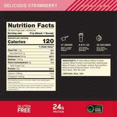 Optimum Nutrition vaso con batido preparado, sabor fresa y recuperación inmediata