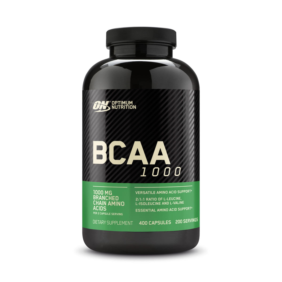 Optimum Nutrition bote frontal mostrando diseño y cantidad 400 cápsulas, conveniencia