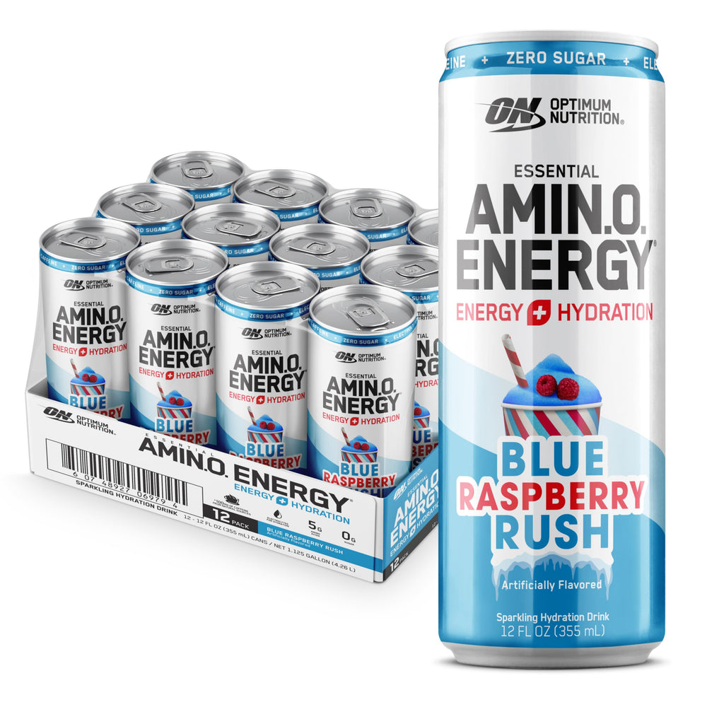 Optimum Nutrition lata frontal azul frambuesa, refresco energizante listo para beber