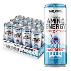 Optimum Nutrition lata frontal azul frambuesa, refresco energizante listo para beber